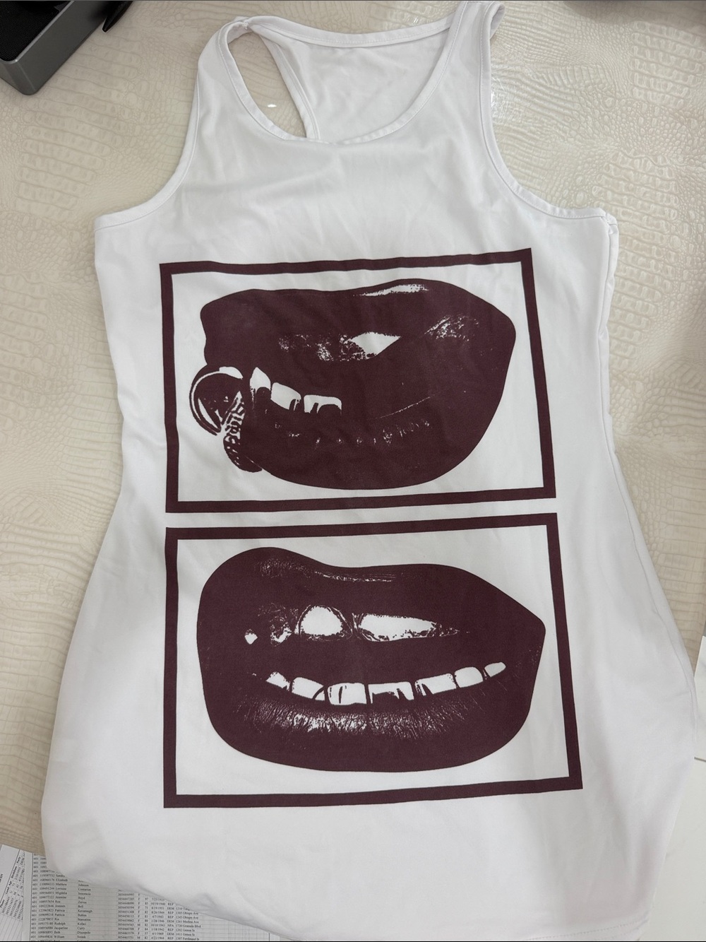 White Tank Top with Burgundy Lip Graphic